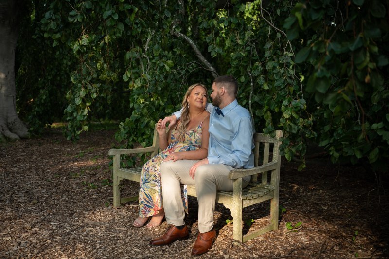 A close-up of Wayne and Christy together on a bench